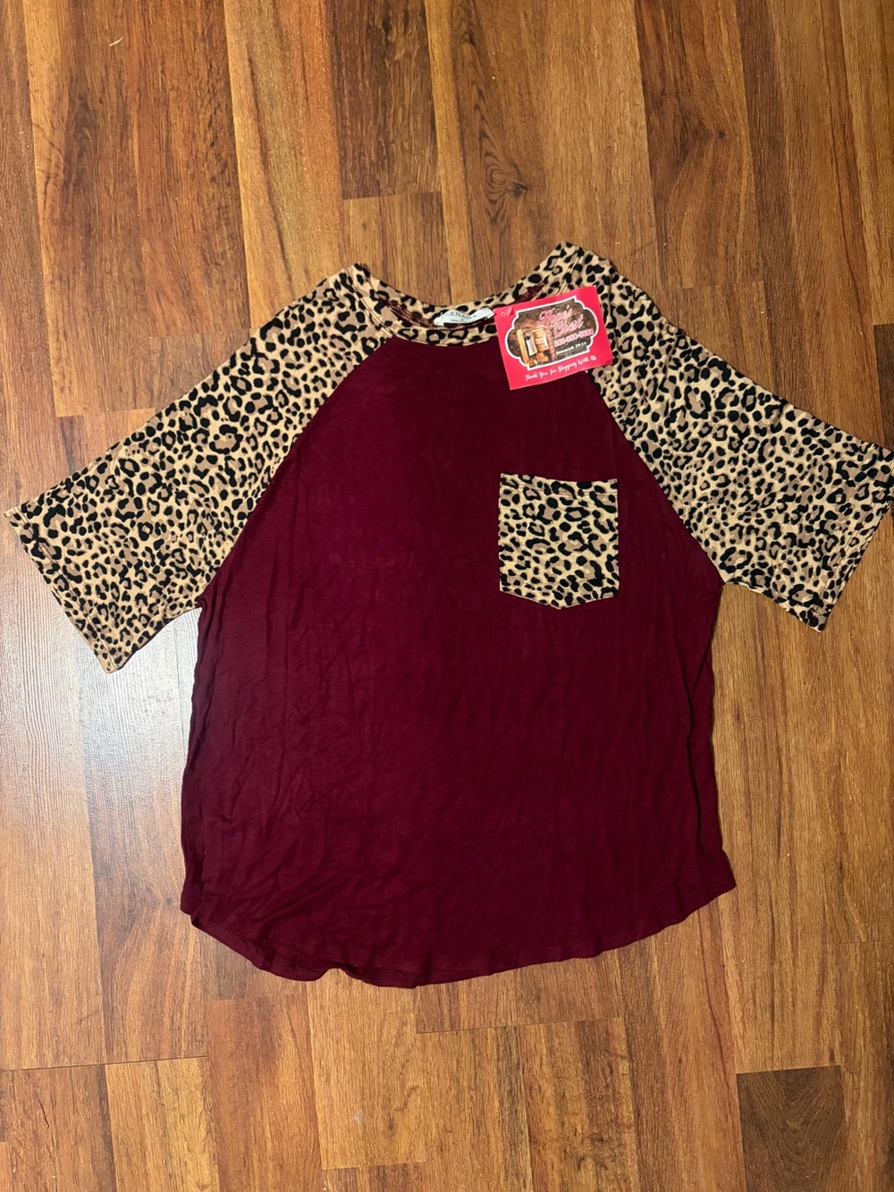 Zenana Outfitters Burgundy Raglan Top with Leopard Print Sleeves